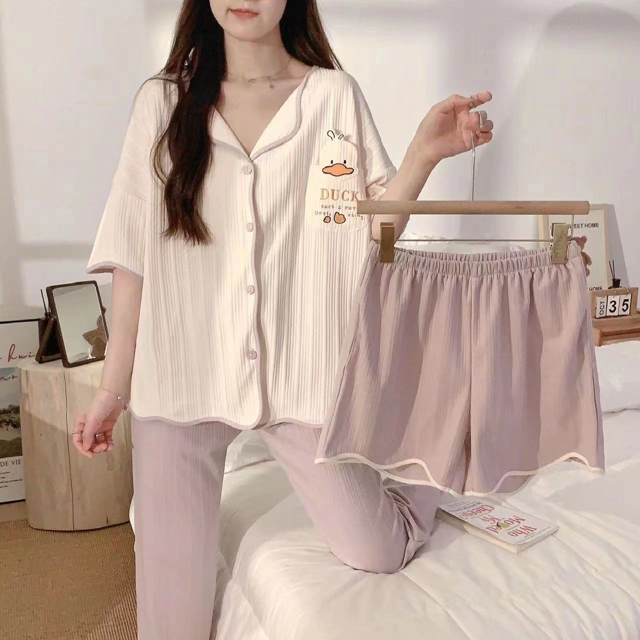 Summer Cotton Homewear Women Short Sleeve Shorts 2 Pcs Breathable Comf photo 2 (style 18)
