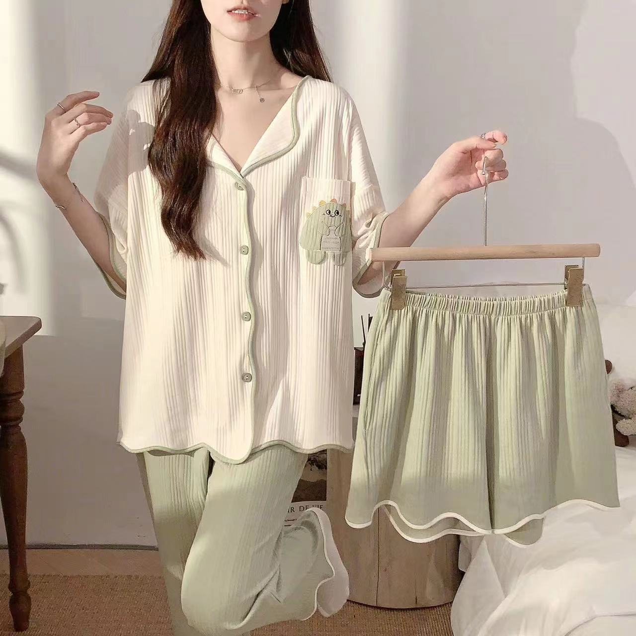Summer Cotton Homewear Women Short Sleeve Shorts 2 Pcs Breathable Comf photo 3 (style 18)