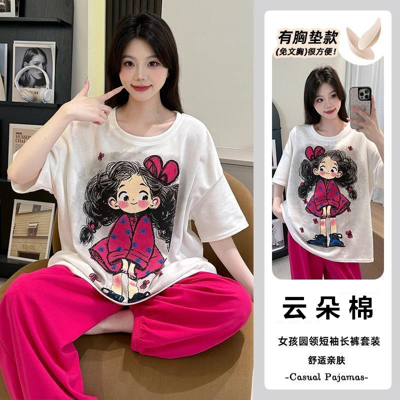 Summer Cloud Cotton With Pads Homewear Women Short Sleeve Shorts 2 Pcs Breathable Wholesale