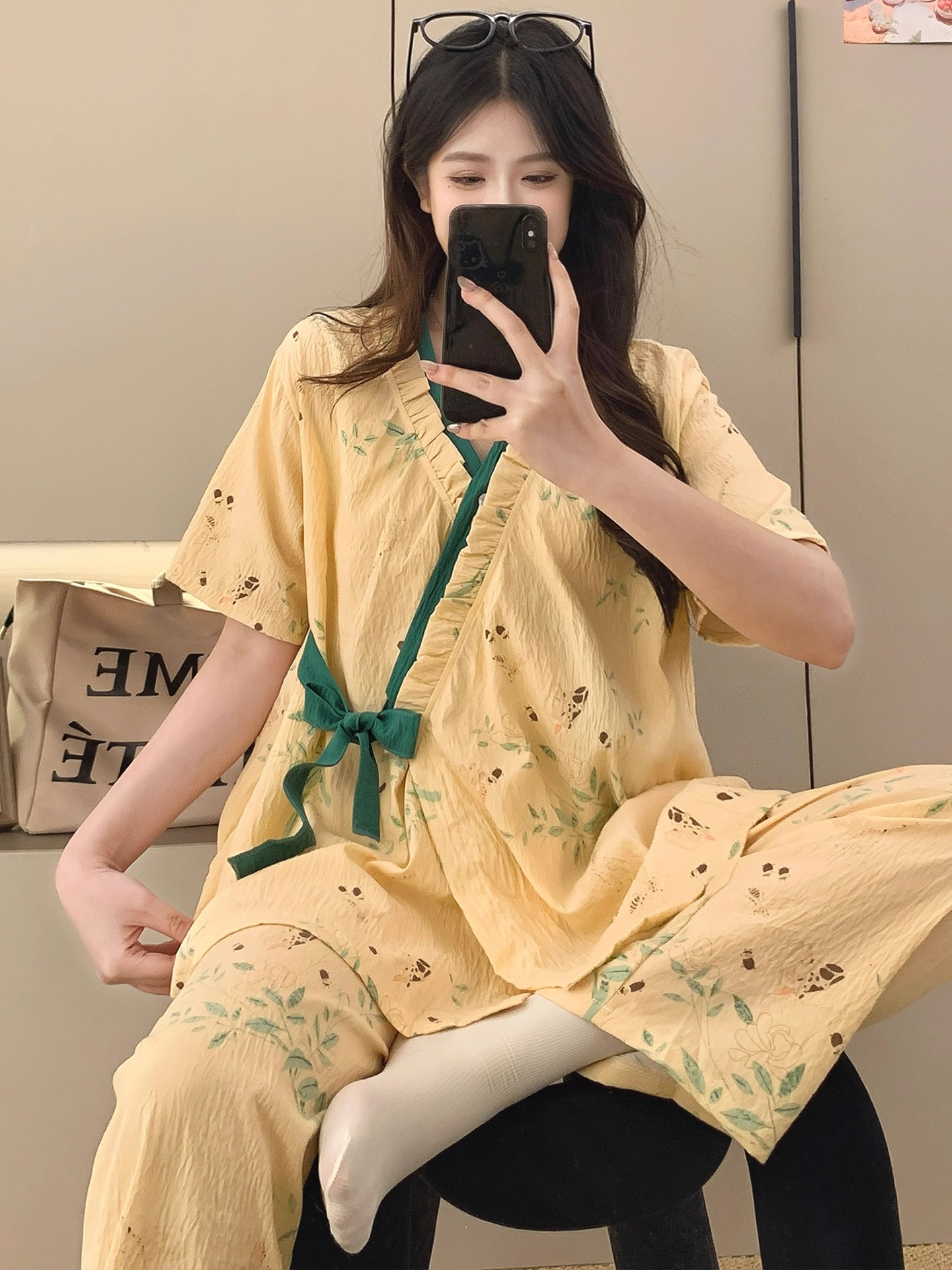 Summer Cloud Cotton Homewear Women Short Sleeve Shorts 2 Pcs Breathabl photo 6 (style 2111)