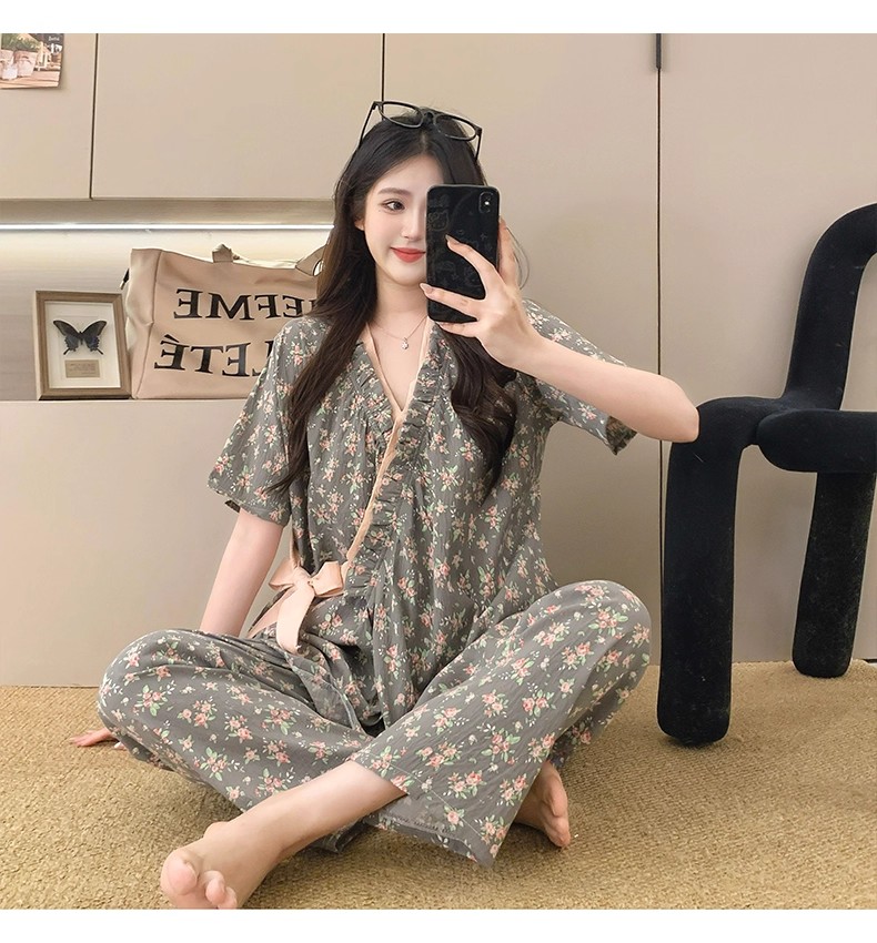Summer Cloud Cotton Homewear Women Short Sleeve Shorts 2 Pcs Breathabl photo 6 (style 2112)