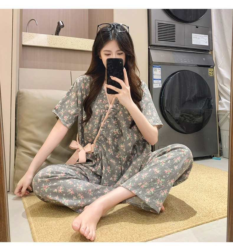 Summer Cloud Cotton Homewear Women Short Sleeve Shorts 2 Pcs Breathabl photo 7 (style 2112)