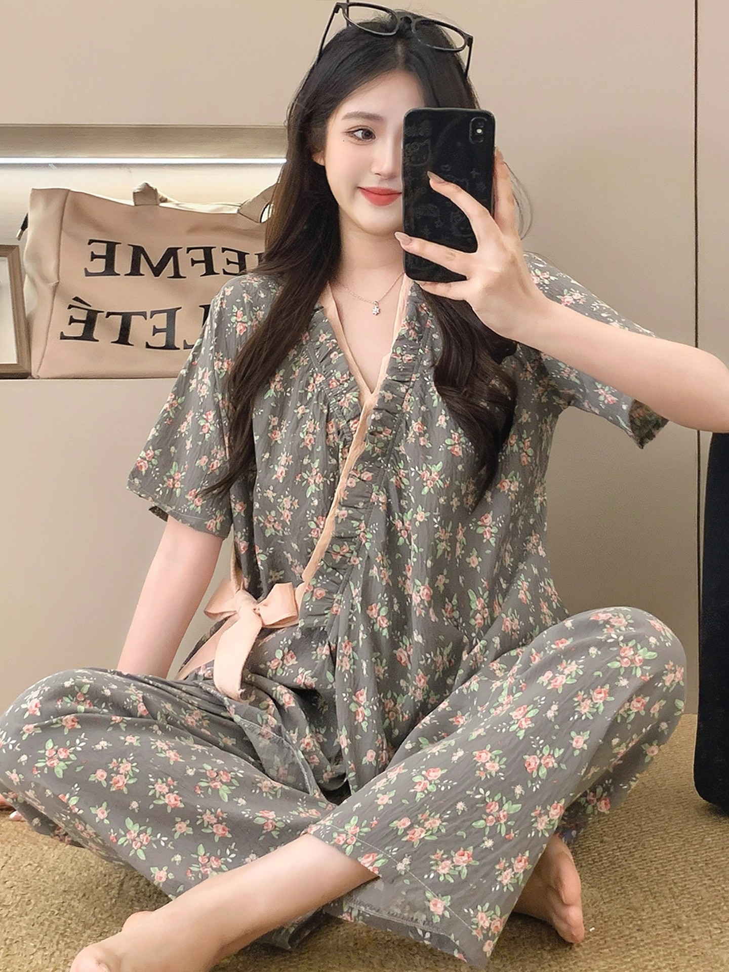 Summer Cloud Cotton Homewear Women Short Sleeve Shorts 2 Pcs Breathabl photo 2 (style 2112)