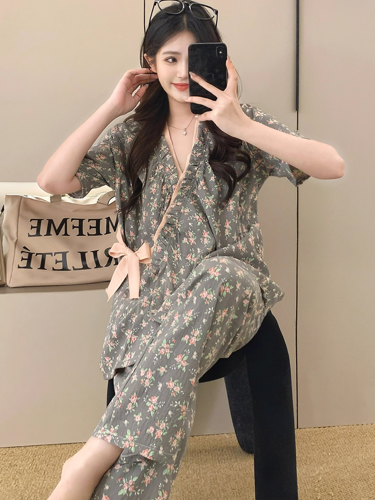 Summer Cloud Cotton Homewear Women Short Sleeve Shorts 2 Pcs Breathabl photo 3 (style 2112)
