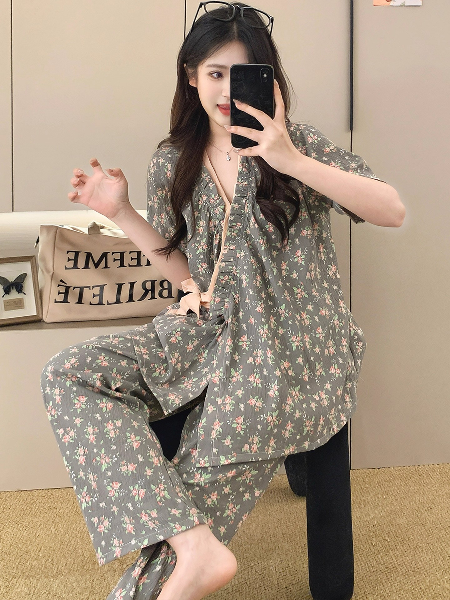 Summer Cloud Cotton Homewear Women Short Sleeve Shorts 2 Pcs Breathabl photo 4 (style 2112)