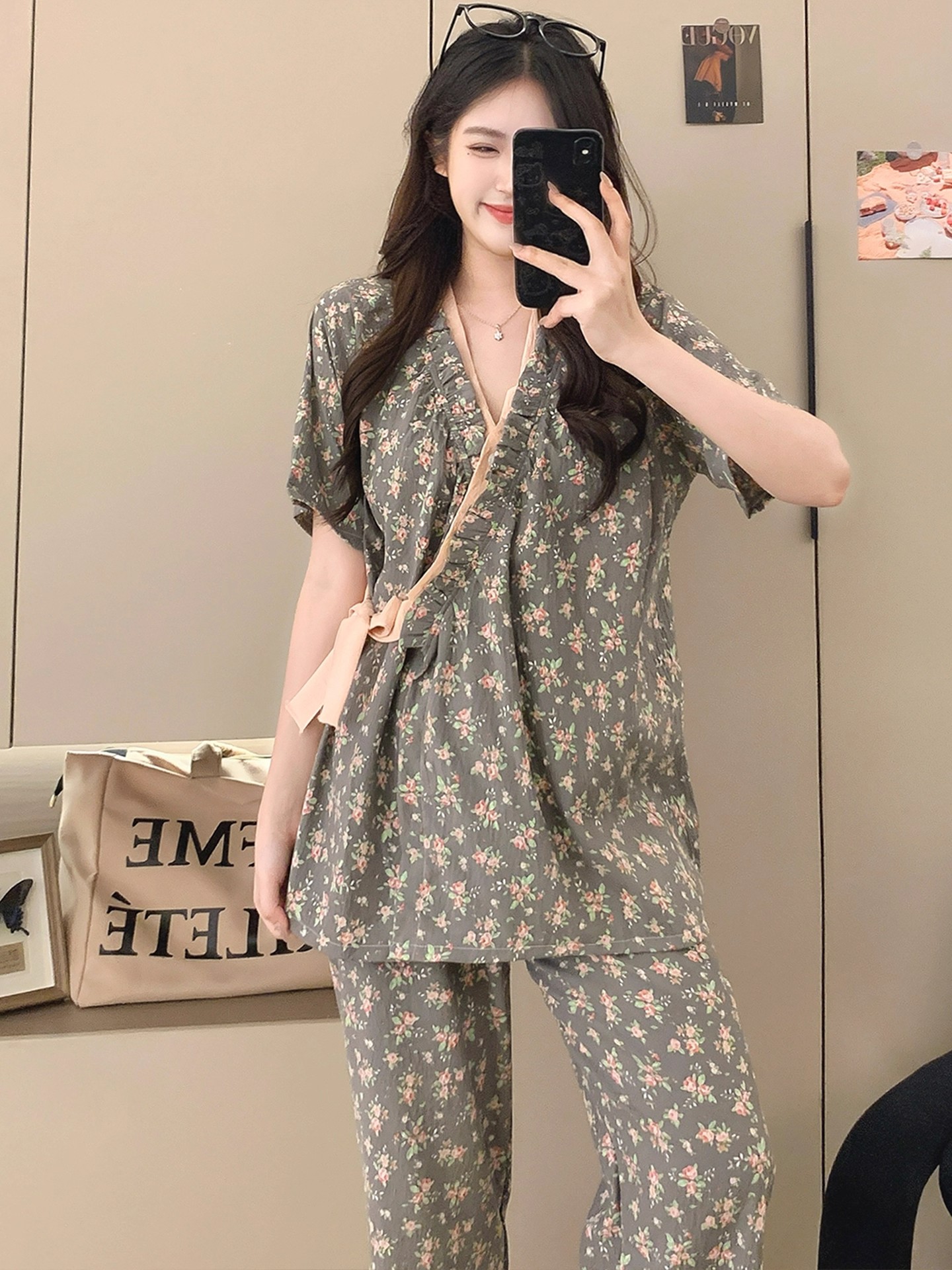 Summer Cloud Cotton Homewear Women Short Sleeve Shorts 2 Pcs Breathabl photo 5 (style 2112)
