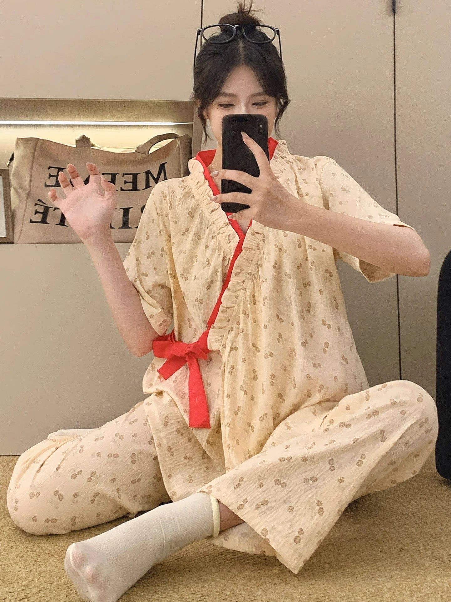Summer Cloud Cotton Homewear Women Short Sleeve Shorts 2 Pcs Breathabl photo 3 (style 2113)