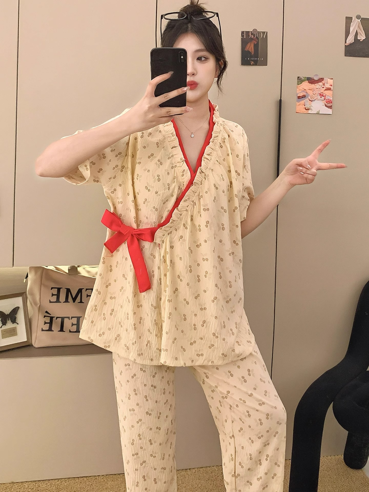 Summer Cloud Cotton Homewear Women Short Sleeve Shorts 2 Pcs Breathabl photo 5 (style 2113)