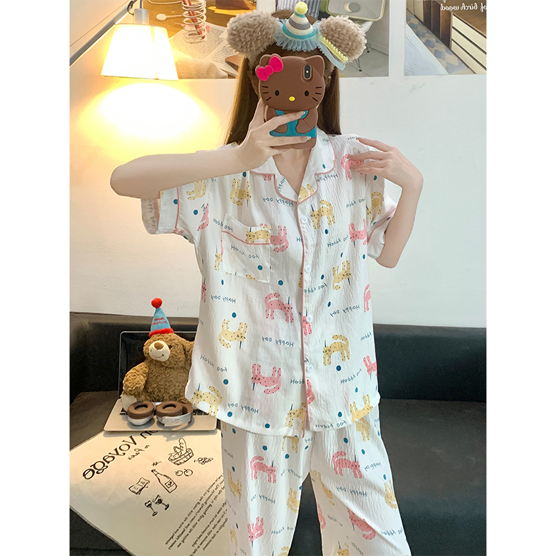 Summer Cloud Cotton Homewear Women Short Sleeve Shorts 2 Pcs Breathabl photo 1 (style 2307)