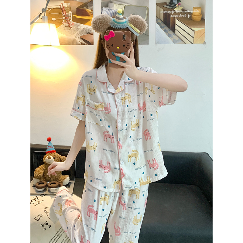 Summer Cloud Cotton Homewear Women Short Sleeve Shorts 2 Pcs Breathabl photo 2 (style 2307)