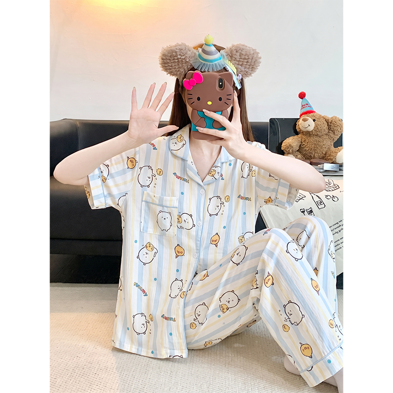 Summer Cloud Cotton Homewear Women Short Sleeve Shorts 2 Pcs Breathabl photo 2 (style 2327)