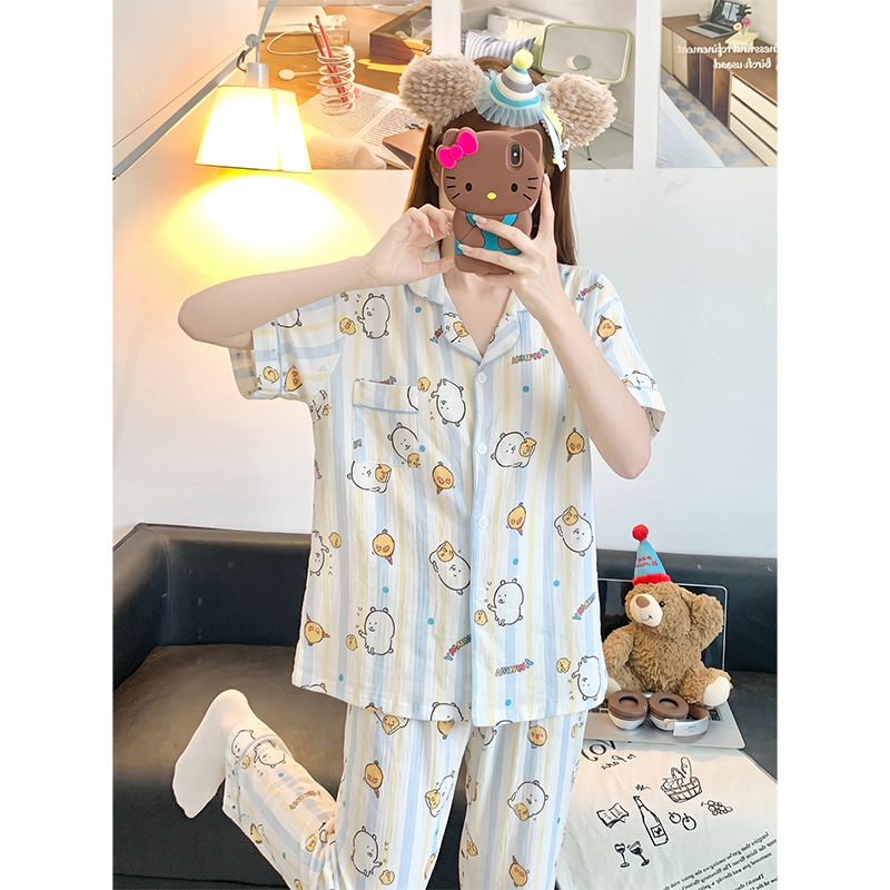 Summer Cloud Cotton Homewear Women Short Sleeve Shorts 2 Pcs Breathabl photo 3 (style 2327)