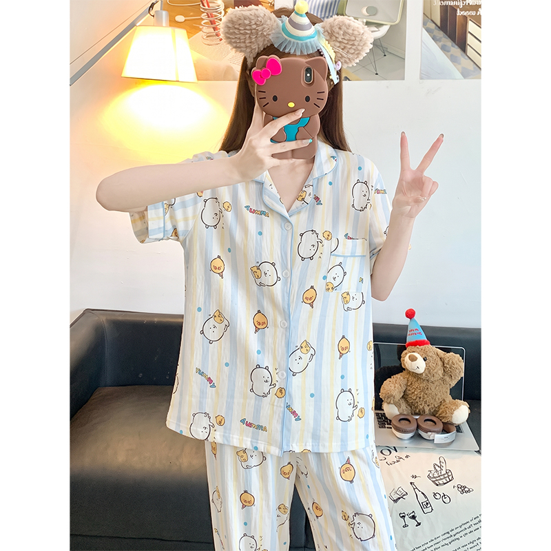 Summer Cloud Cotton Homewear Women Short Sleeve Shorts 2 Pcs Breathabl photo 4 (style 2327)