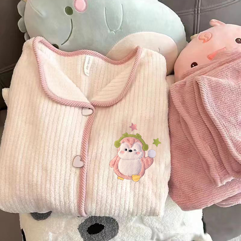 秋冬法兰绒家居服女短袖短裤两件套睡衣套装加厚保暖可外穿