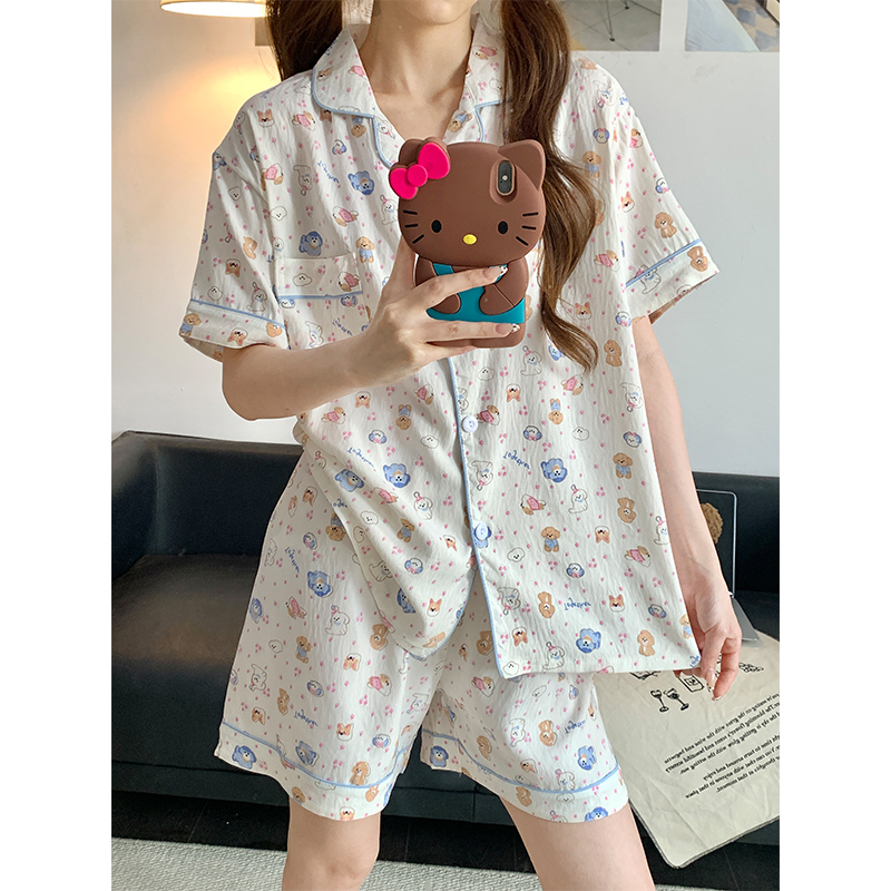 Summer Cotton Cardigan Homewear Women Short Sleeve Shorts 2 Pcs Breath photo 4 (style 3)