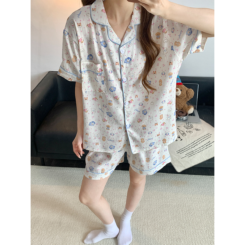 Summer Cotton Cardigan Homewear Women Short Sleeve Shorts 2 Pcs Breath photo 5 (style 3)