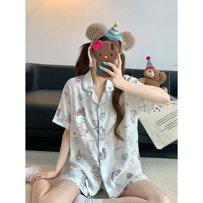Summer Cotton Cardigan Homewear Women Short Sleeve Shorts 2 Pcs Breath photo 6 (style 3)