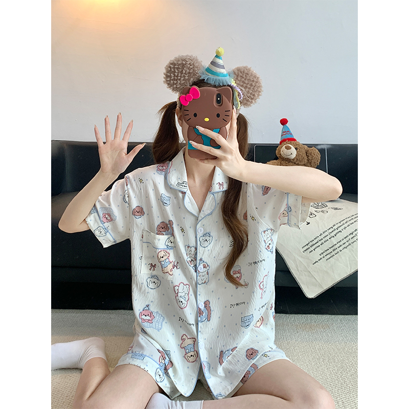 Summer Cotton Cardigan Homewear Women Short Sleeve Shorts 2 Pcs Breath photo 7 (style 3)