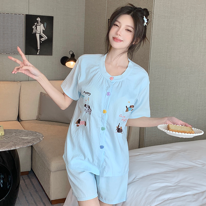 Summer Cloud Cotton Homewear Women Short Sleeve Shorts 2 Pcs Breathabl photo 4 (style 31163122)