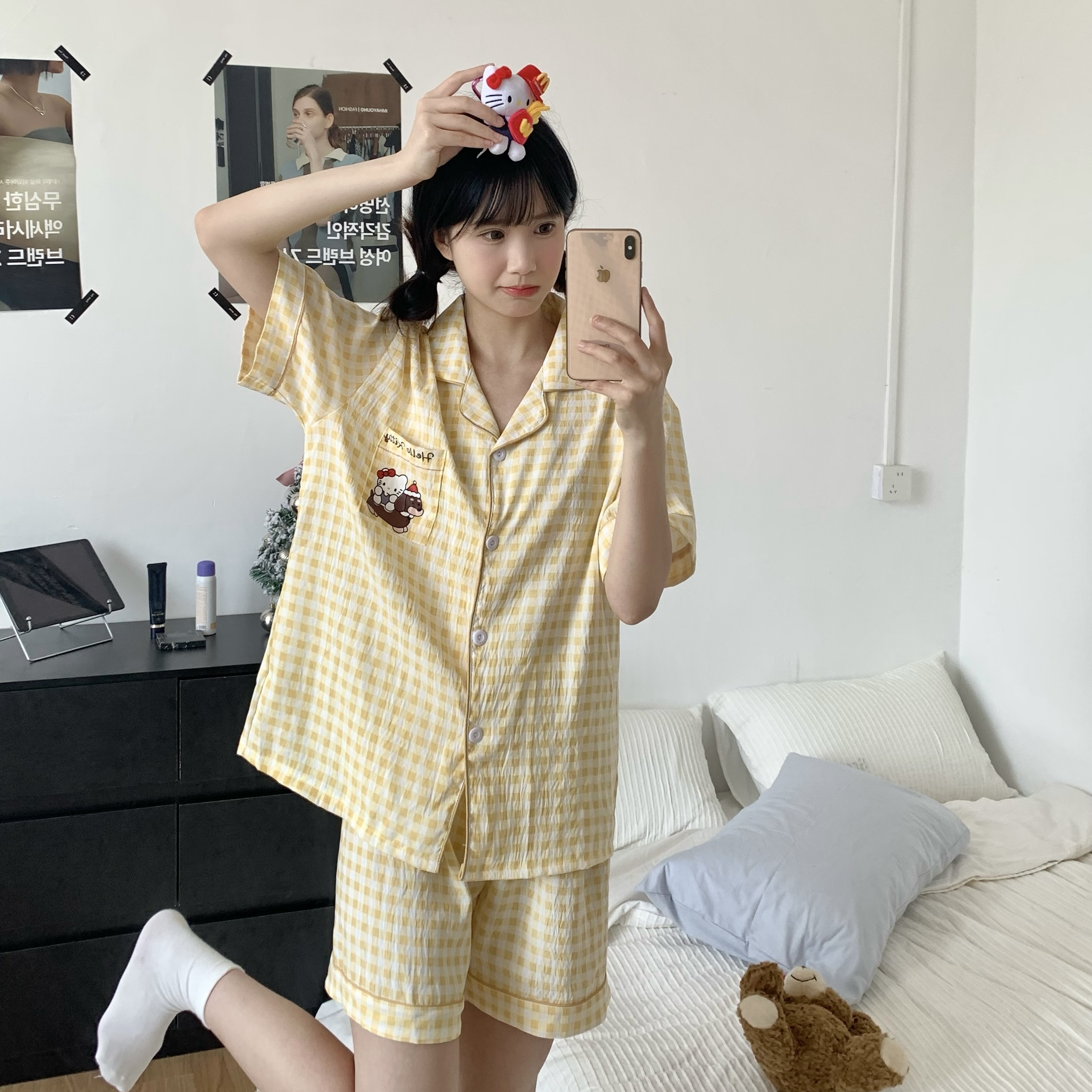 Summer Cloud Cotton Homewear Women Short Sleeve Shorts 2 Pcs Breathabl photo 1 (style 3217212)