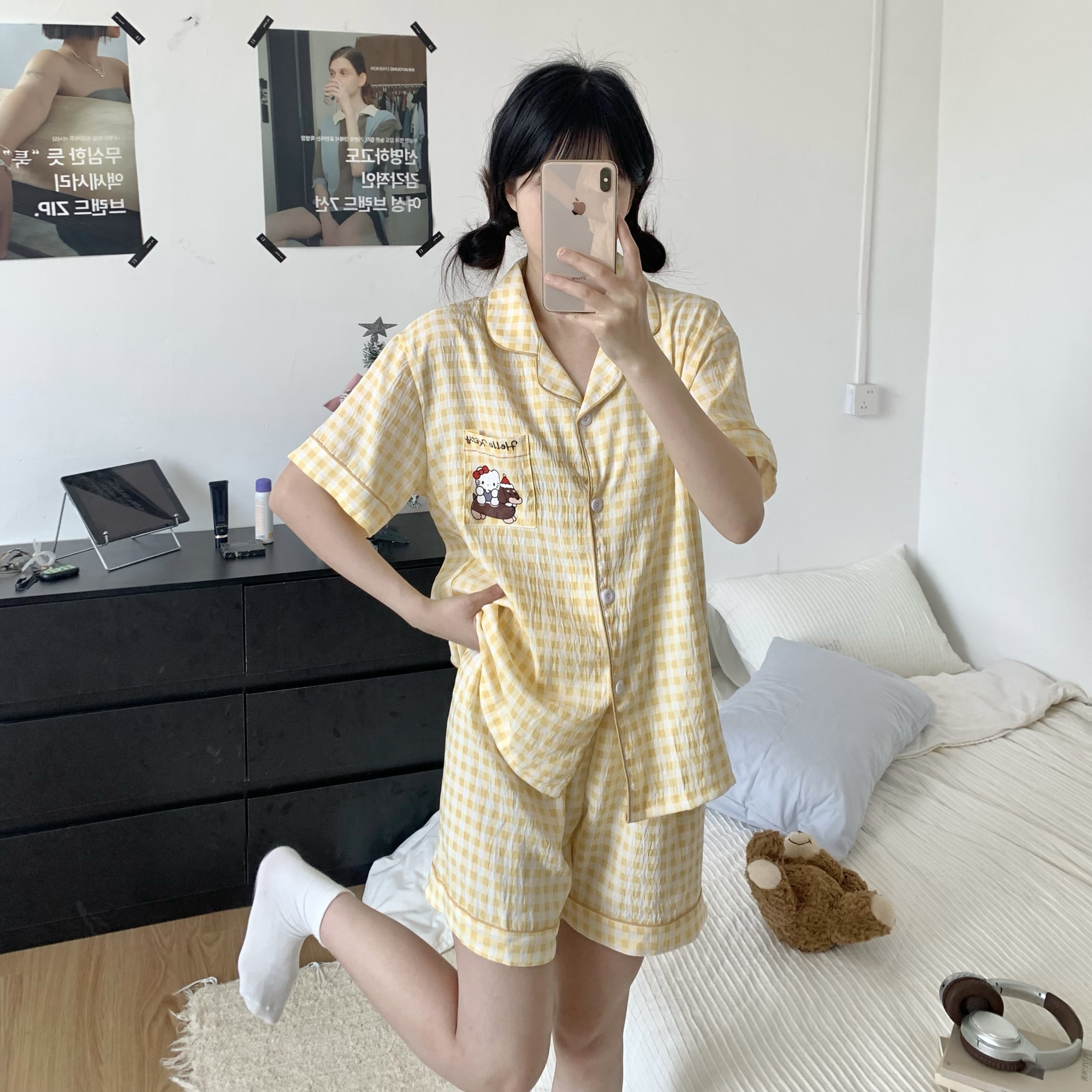 Summer Cloud Cotton Homewear Women Short Sleeve Shorts 2 Pcs Breathabl photo 4 (style 3217212)