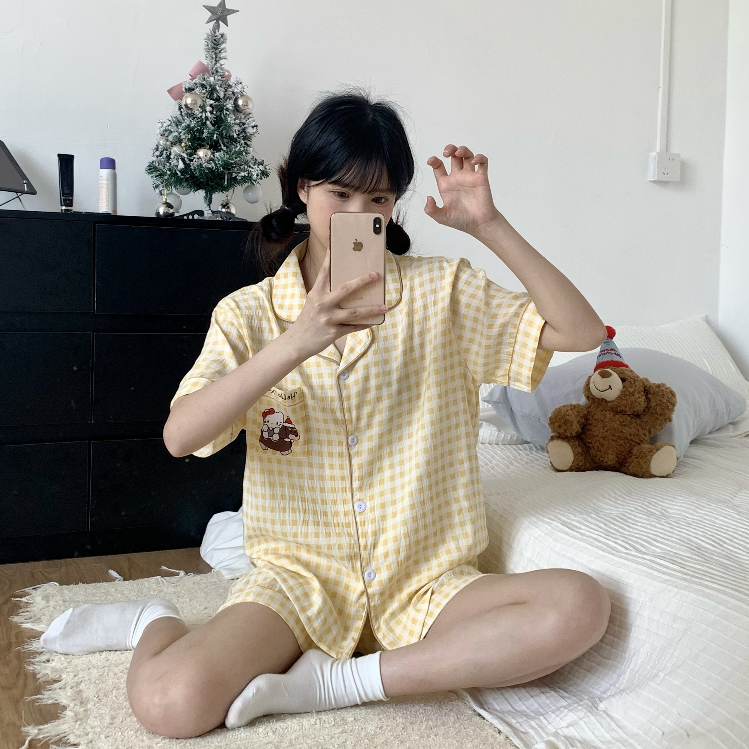Summer Cloud Cotton Homewear Women Short Sleeve Shorts 2 Pcs Breathabl photo 7 (style 3217212)