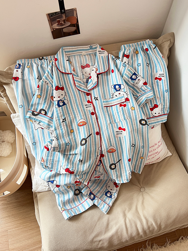 Summer Cloud Cotton Homewear Women Short Sleeve Shorts 2 Pcs Breathabl photo 3 (style 323521)