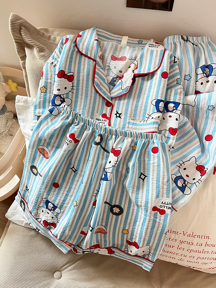 Summer Cloud Cotton Homewear Women Short Sleeve Shorts 2 Pcs Breathabl photo 5 (style 323521)