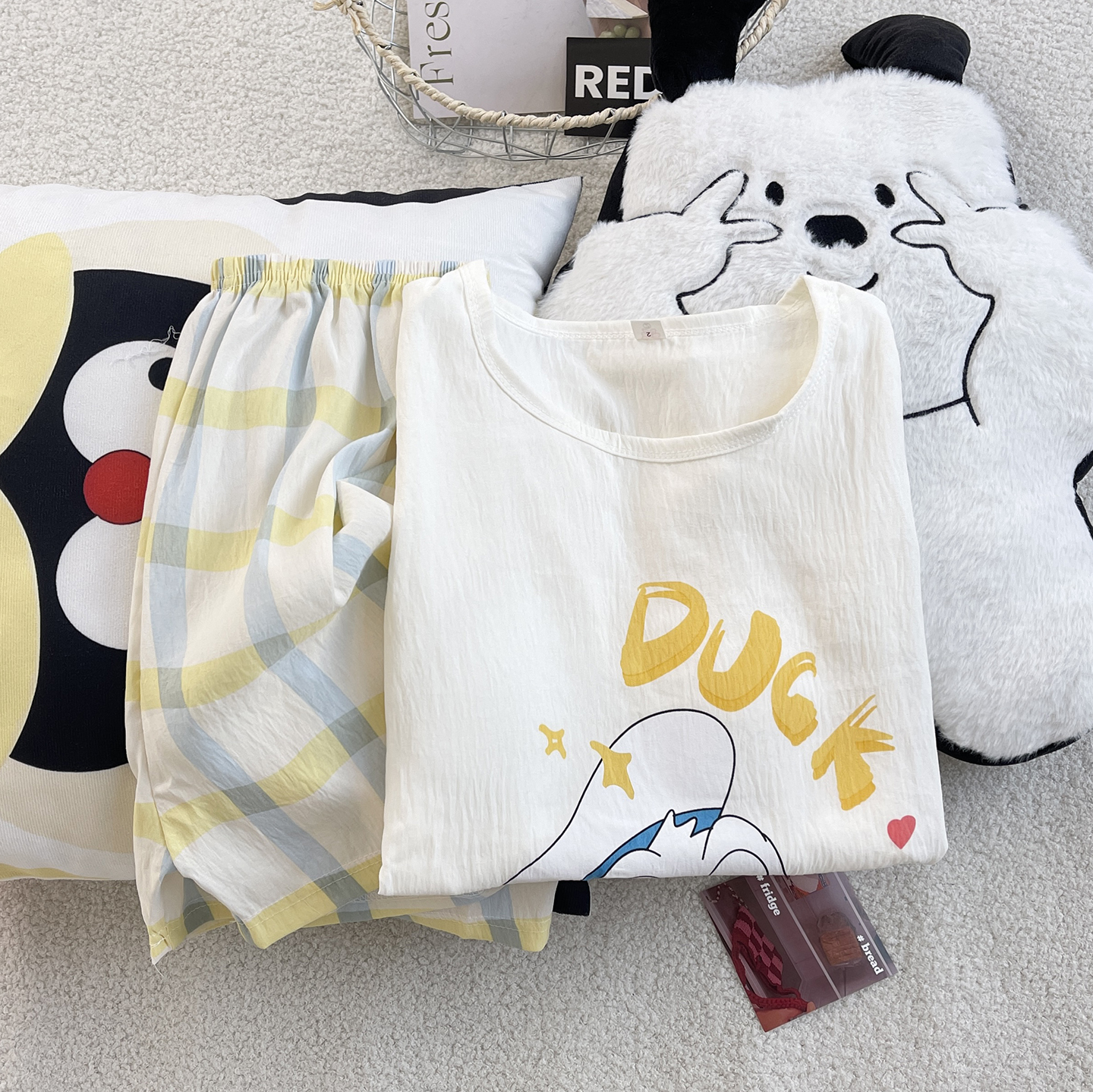 Women's Summer Cloud Cotton Built-in Chest Pad Short Sleeve & Shorts Pajama Set - Breathable, Comfortable, Wearable Out
