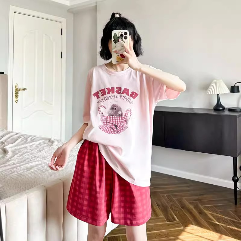Summer Cotton-Like Homewear Women Short Sleeve Shorts 2 Pcs Breathable photo 2 (style 4257)