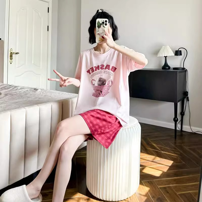 Summer Cotton-Like Homewear Women Short Sleeve Shorts 2 Pcs Breathable photo 3 (style 4257)
