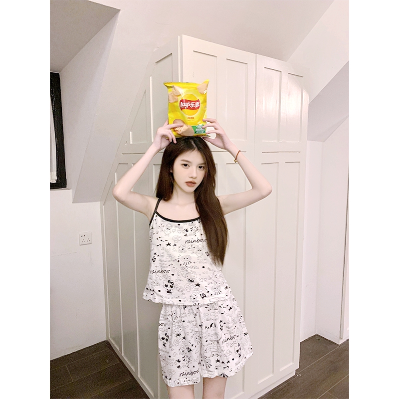 Summer Cotton Camisole Cartoon Homewear Women Short Sleeve Shorts 2 Pcs Wholesale