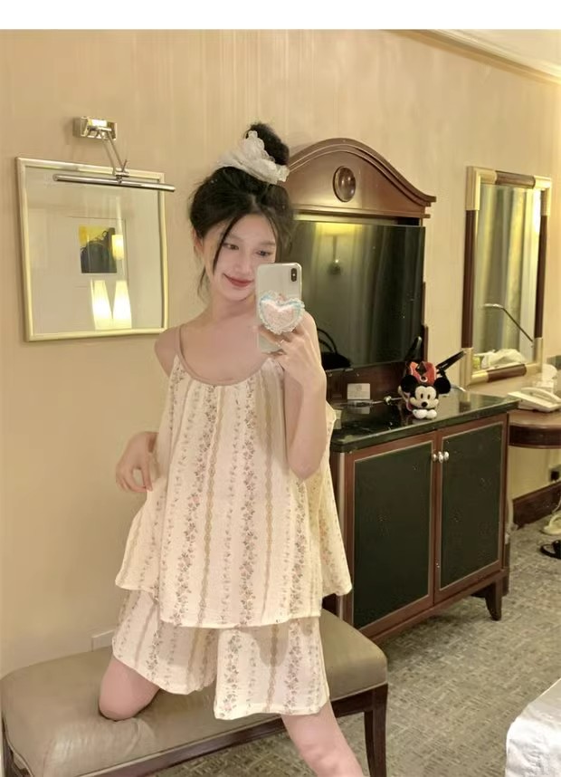 Summer Cotton No Pads Camisole Homewear Women Short Sleeve Shorts 2 Pc photo 7 (style 431812)