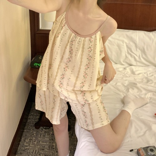 Summer Cotton No Pads Camisole Homewear Women Short Sleeve Shorts 2 Pcs Wholesale