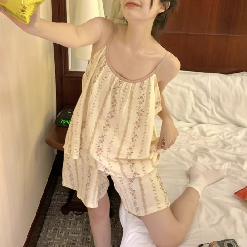 Summer Cotton No Pads Camisole Homewear Women Short Sleeve Shorts 2 Pc photo 3 (style 431812)
