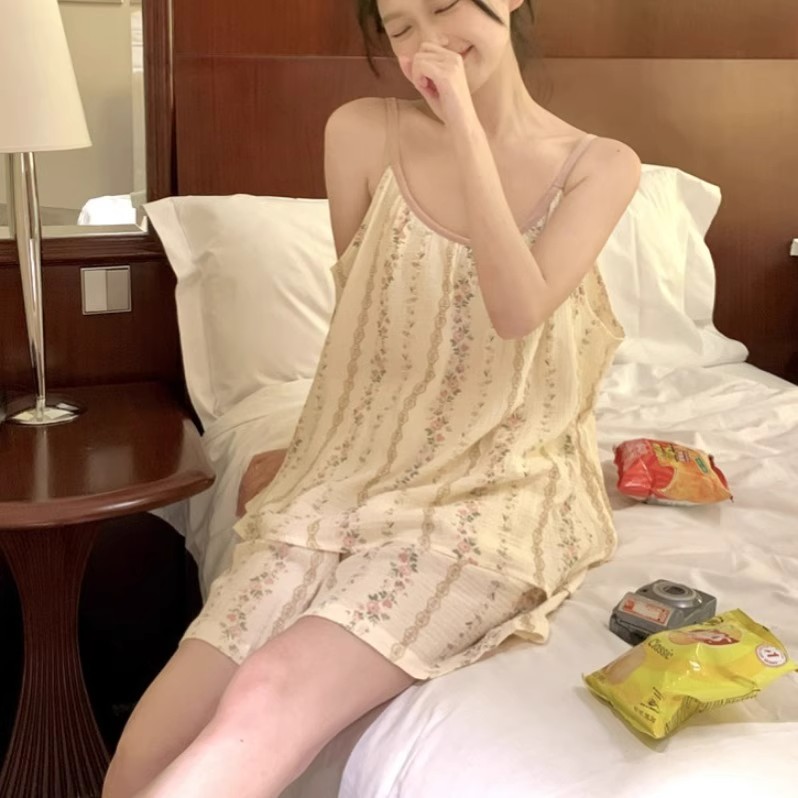Summer Cotton No Pads Camisole Homewear Women Short Sleeve Shorts 2 Pc photo 5 (style 431812)