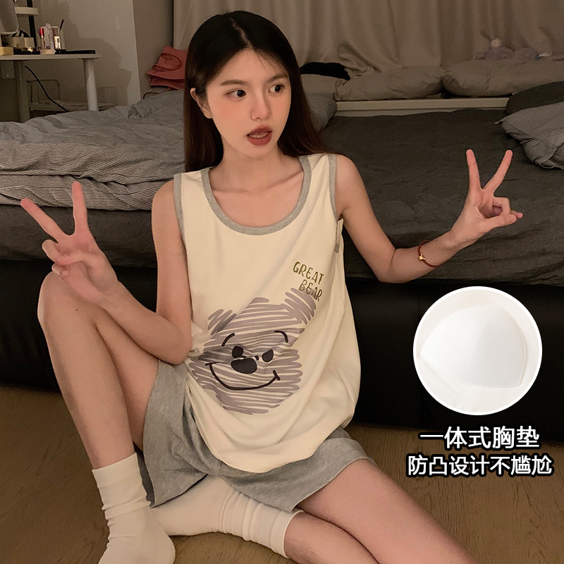 Summer Cotton-Like With Pads Homewear Women Short Sleeve Shorts 2 Pcs Breathable Wholesale