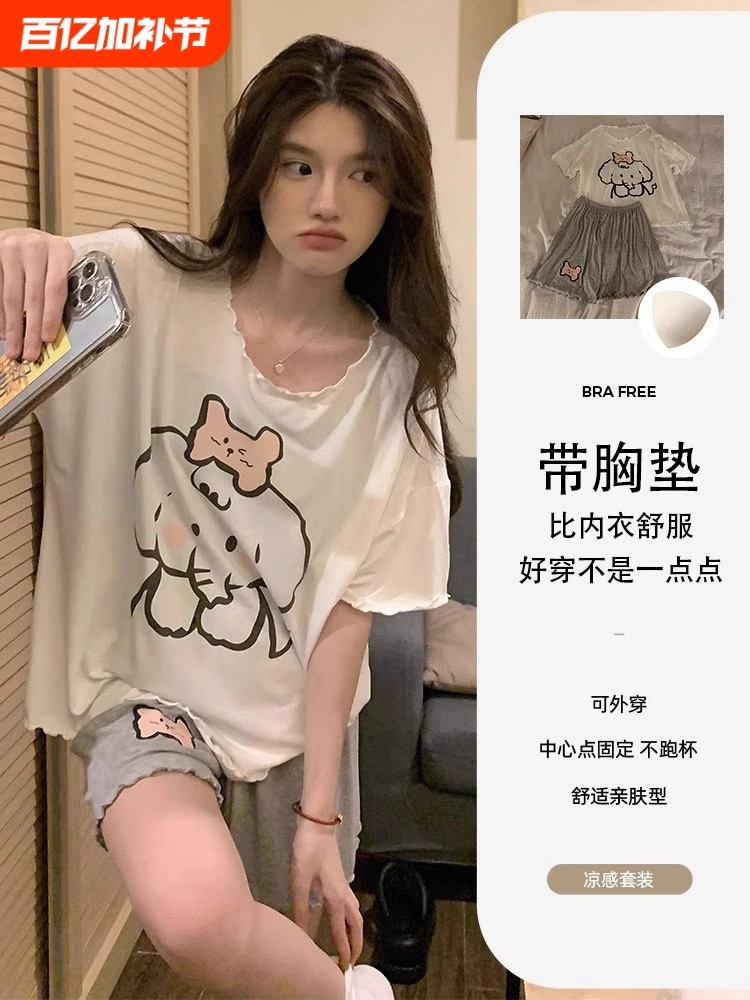 Summer Cotton-Like With Pads Homewear Women Short Sleeve Shorts 2 Pcs Breathable Wholesale