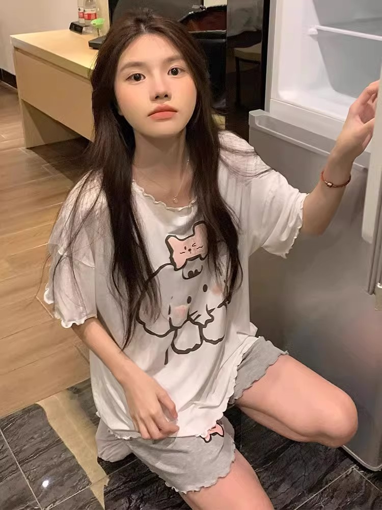 Summer Cotton-Like With Pads Homewear Women Short Sleeve Shorts 2 Pcs photo 3 (style 4366436812)