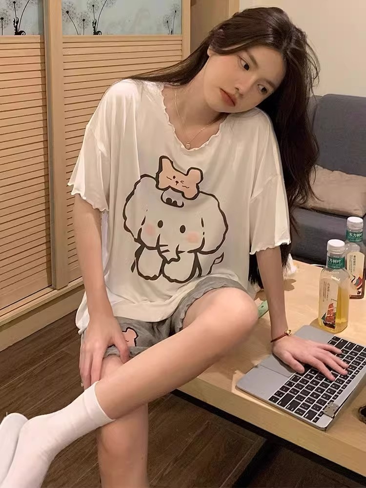 Summer Cotton-Like With Pads Homewear Women Short Sleeve Shorts 2 Pcs photo 4 (style 4366436812)