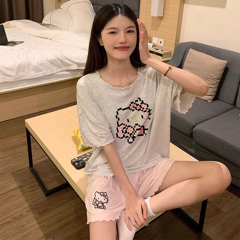 Summer Cotton-Like With Pads Homewear Women Short Sleeve Shorts 2 Pcs photo 7 (style 4366436812)