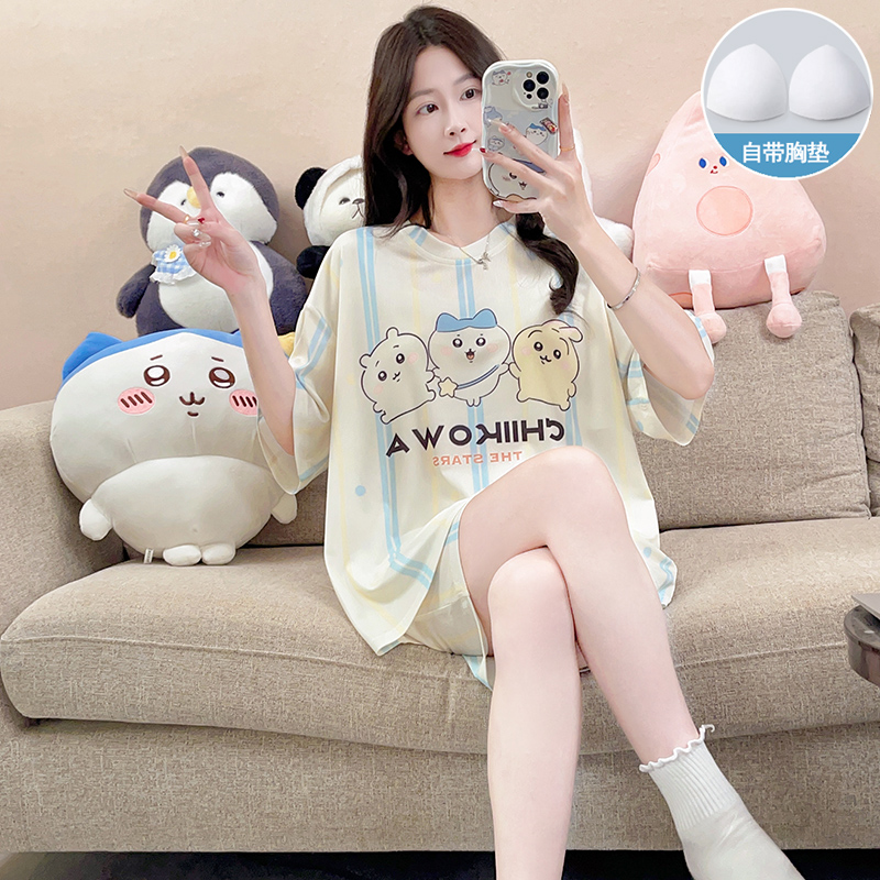 Summer Cotton-Like With Pads Homewear Women Short Sleeve Shorts 2 Pcs Breathable Wholesale