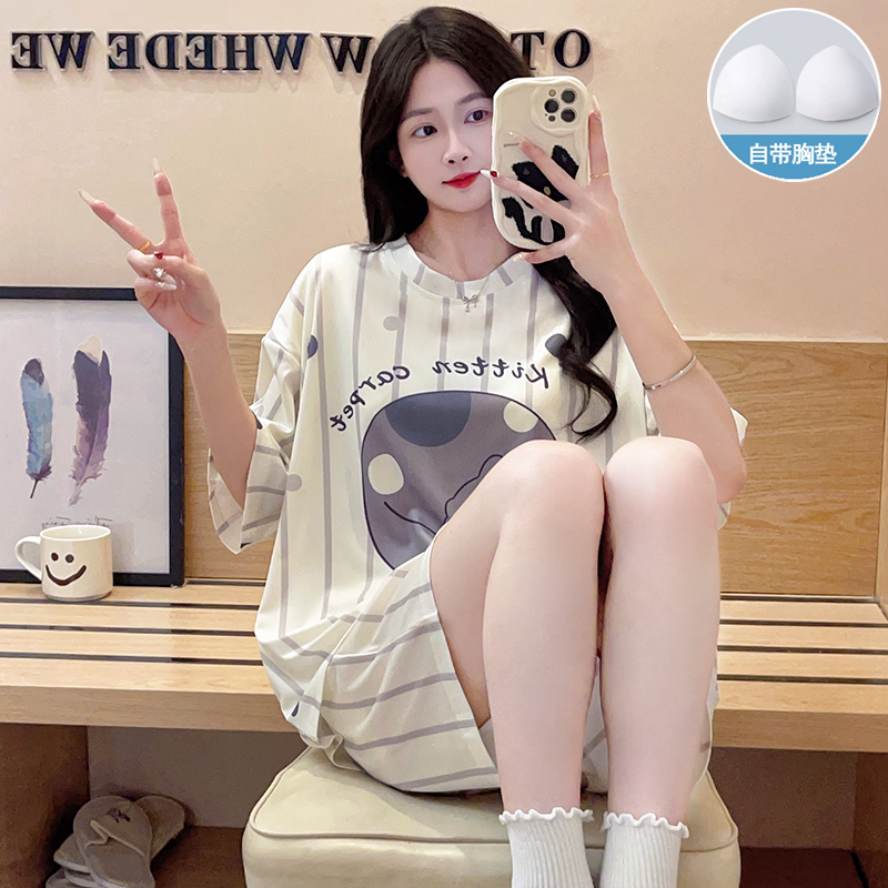 Summer Cotton-Like With Pads Homewear Women Short Sleeve Shorts 2 Pcs photo 2 (style 43744379)