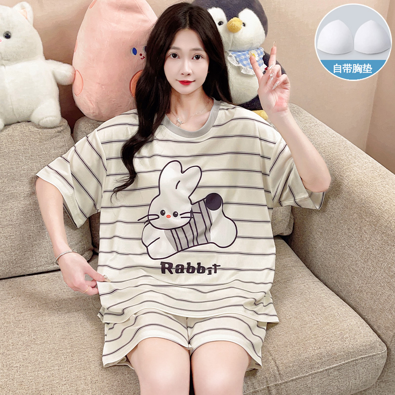Summer Cotton-Like With Pads Homewear Women Short Sleeve Shorts 2 Pcs photo 3 (style 43744379)