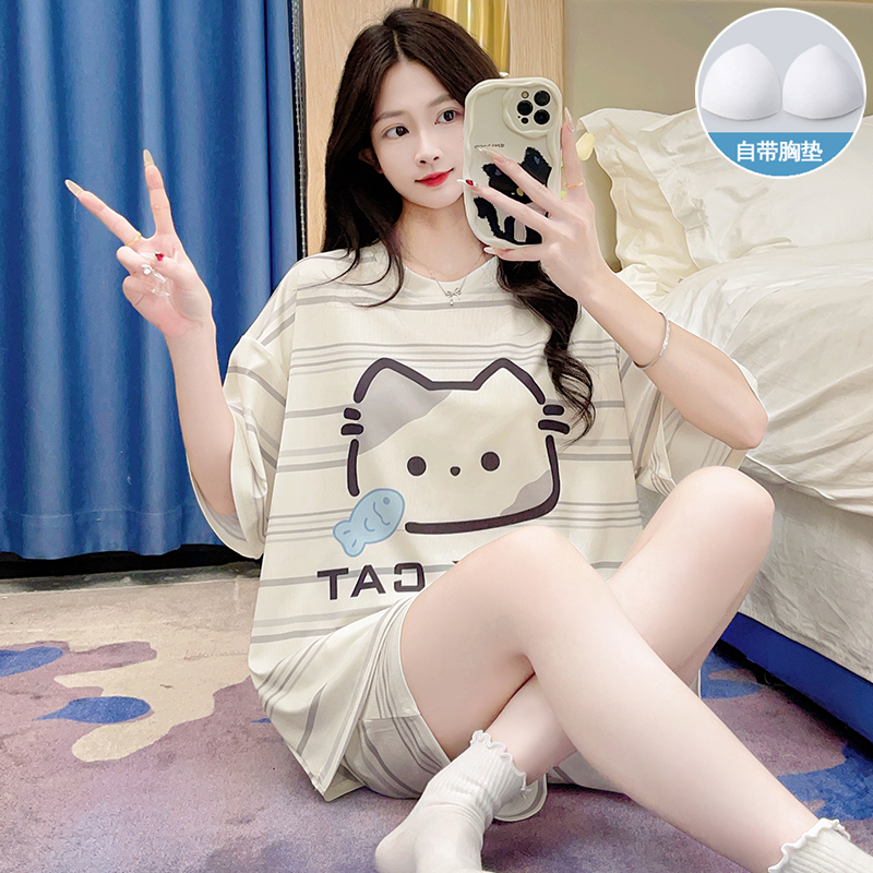 Summer Cotton-Like With Pads Homewear Women Short Sleeve Shorts 2 Pcs photo 4 (style 43744379)