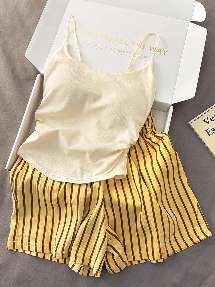 Summer Cotton-Like With Pads Camisole Homewear Women Short Sleeve Shorts 2 Pcs Wholesale