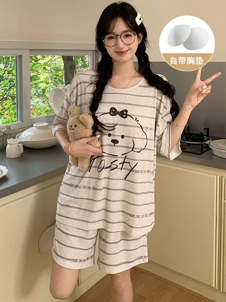 Summer Cloud Cotton With Pads Homewear Women Short Sleeve Shorts 2 Pcs Breathable Wholesale