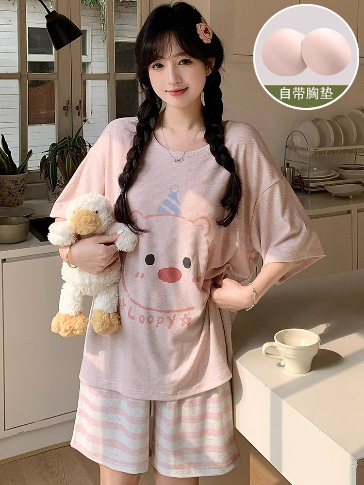 Summer Cloud Cotton With Pads Homewear Women Short Sleeve Shorts 2 Pcs Breathable Wholesale