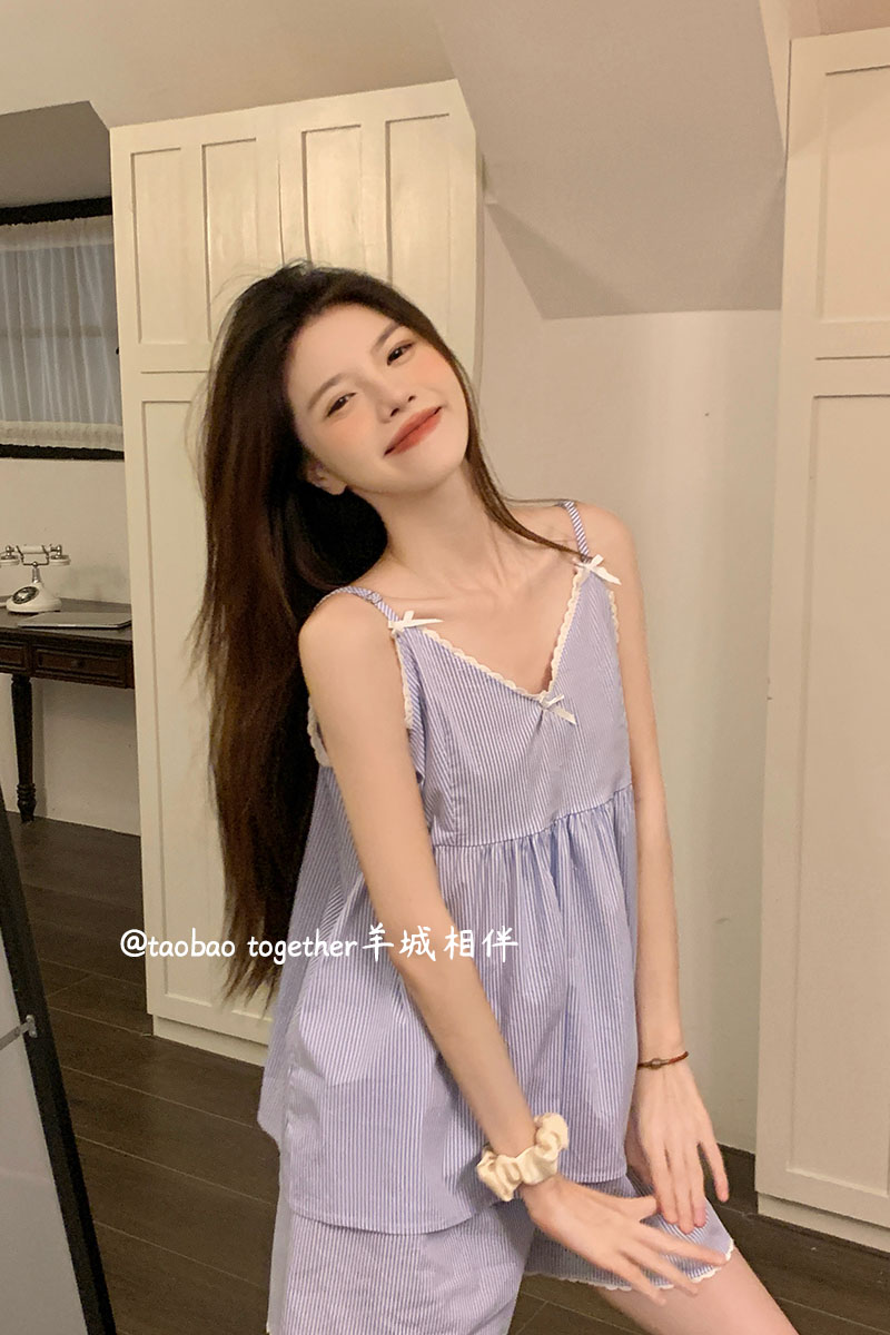 Summer Cloud Cotton Camisole Homewear Women Short Sleeve Shorts 2 Pcs photo 1 (style 4405202)