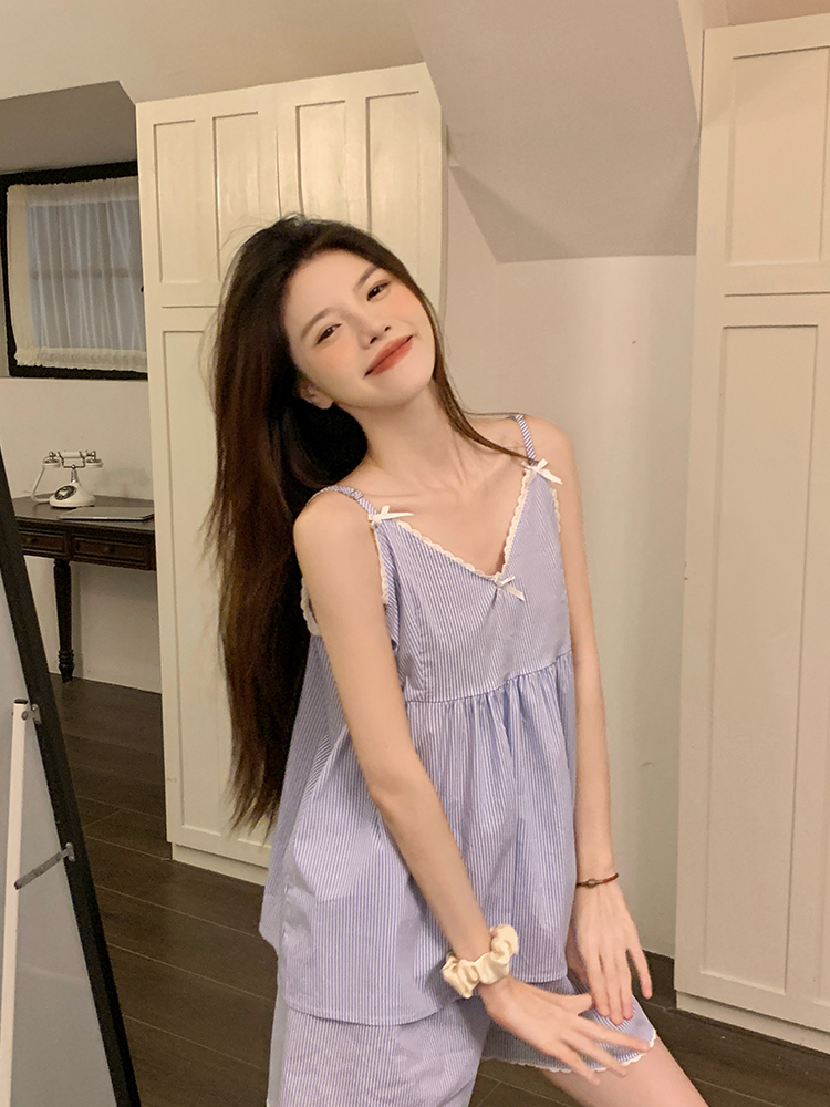 Summer Cloud Cotton Camisole Homewear Women Short Sleeve Shorts 2 Pcs photo 3 (style 4405202)